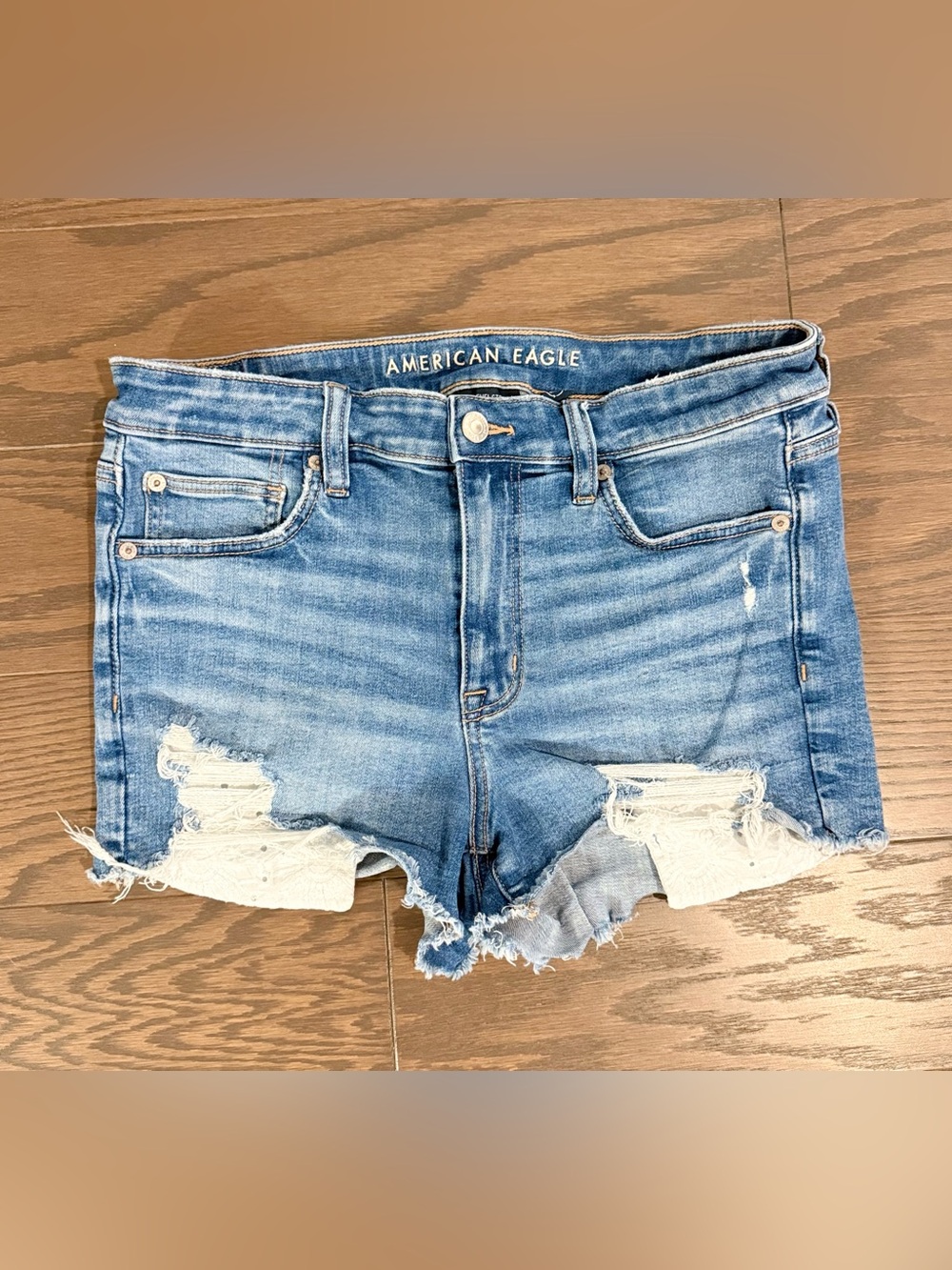 American Eagle Next Level Stretch Distressed Lace Denim Shorts Size 10